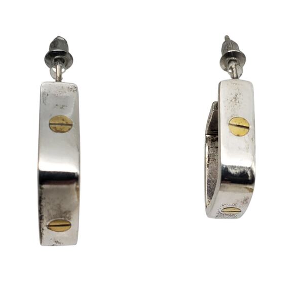 Vintage Mexican Sterling Silver Earrings Taxco 925 Hoops Modernist Brass Rivet - Picture 5 of 12